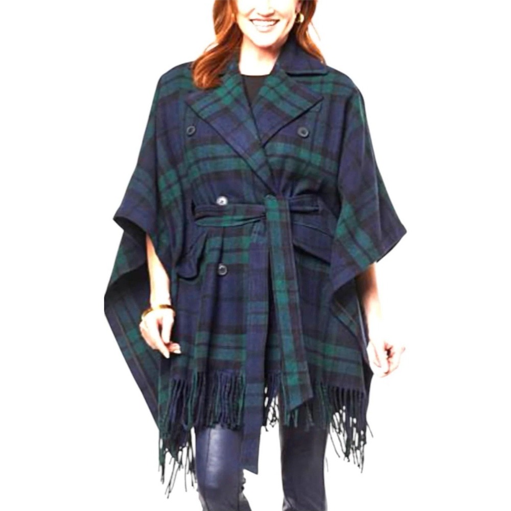 NWT kathy ireland ‎ Large Faux Wool Chalet Poncho Green/Navy Plaid Coat